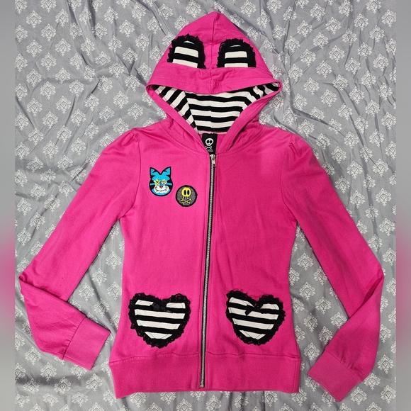 Rare Jessica Louise Pink Punk Patch Black White Striped Ear Zip Hoodie M - Picture 12 of 12